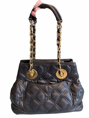 Metro Black Quilted Leather Tote with Gold Chain Handles